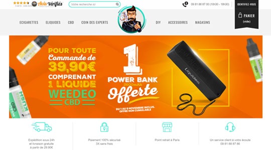Page d’accueil du site Spécialiste en cigarettes électroniques, d’accessoires de recharge et d’e-liquide