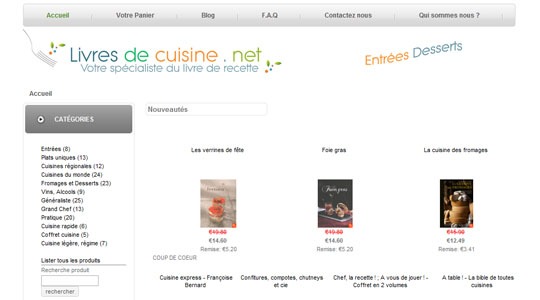Page d’accueil du site Boutique de livres de recettes neufs à prix réduits