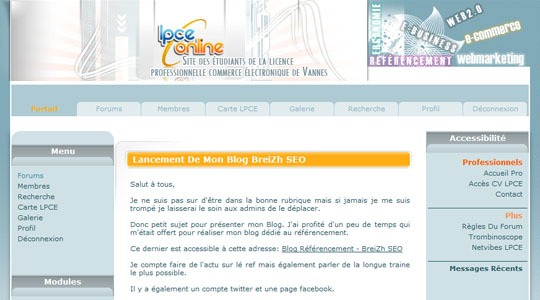 Page d’accueil du site Lpce online : Étudiants de la licence professionnelle commerce électronique de Vannes