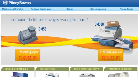 Page d’accueil du site Machine à affranchir, Relieur thermique : Pitney Bowes