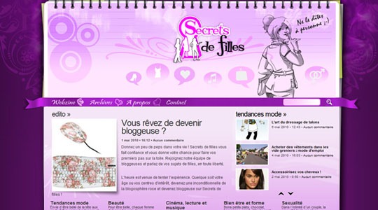 Page d’accueil du site Secrets de filles, le webzine des jeunes femmes à la page