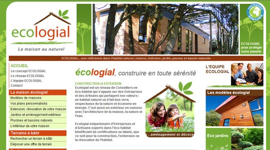 Page d’accueil du site Ecologial : structure de commercialisation spécialisée dans l’éco habitat