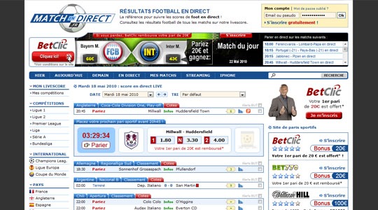 Page d’accueil du site Match En Direct.fr : Tous les résultats des matches de foot en live