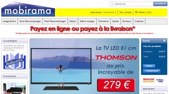 Page d’accueil du site Mobirama.net : image et son, électroménager, salon, literie, cuisine, meubles à l’île de la Réunion