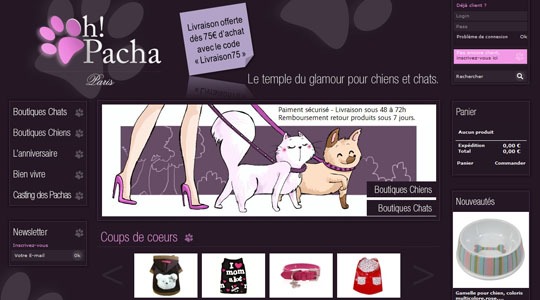 Page d’accueil du site Oh ! Pacha, le temple du glamour pour chiens et chats