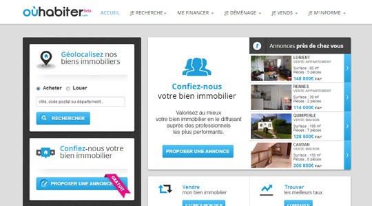 Page d’accueil du site Oùhabiter.com : Un site immobilier de ventes et de locations