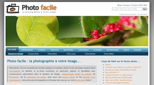 Page d’accueil du site Photo facile : la photographie à votre image !