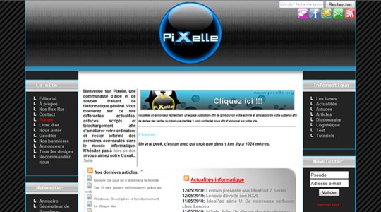 Page d’accueil du site Pixelle : Communauté informatique gratuite