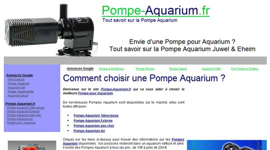 Page d’accueil du site Pompe Aquarium