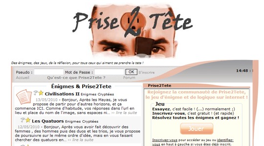 Page d’accueil du site Enigmes basées sur la réflexion, la logique et l’intelligence du joueur sur Prise2Tete