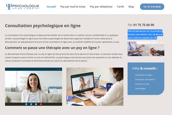 Page d’accueil du site Consultations psychologiques par téléphone