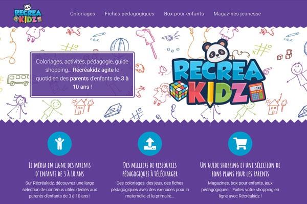 Page d’accueil du site Récréakidz, le spécialiste des activités pédagogiques à imprimer