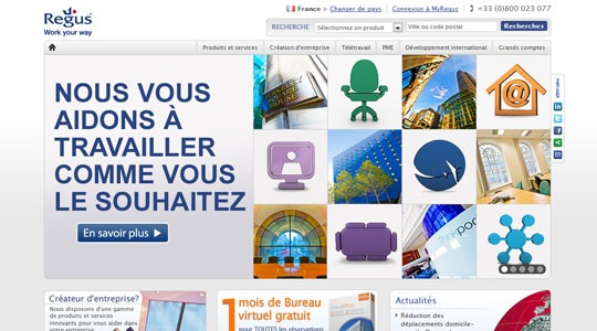 Page d’accueil du site Immobilier d’entreprise : Regus répond aux besoins des professionnels