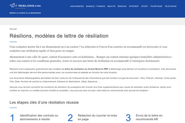 Page d’accueil du site Modèles et exemples de lettre pour résilier un contrat