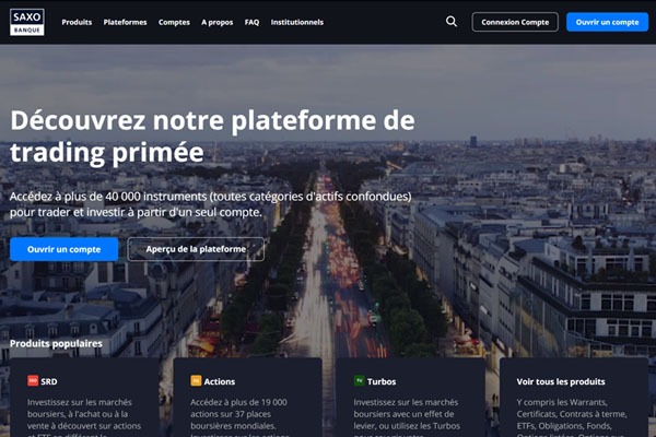 Page d’accueil du site Coutier en ligne pour trader les futures avec Saxo Bank