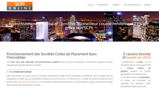 Page d’accueil du site Comprendre les sociétés civiles de placement dans l’immobilier, avec SCPI-online