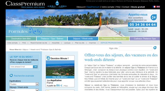 Page d’accueil du site Séjours, voyages et Week-ends bien-être sur Class premium