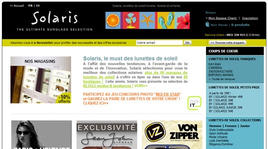 Page d’accueil du site Solaris Sunglass : Lunettes de soleil