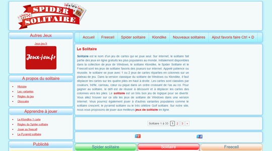Page d’accueil du site Tester les différents types de solitaires avec le site solitaire-spider.eu