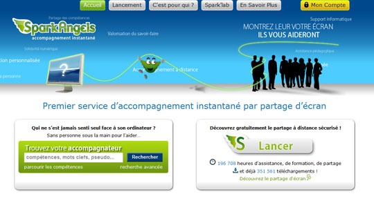 Page d’accueil du site SparkAngels, service d’accompagnement instantané par partage d’écran