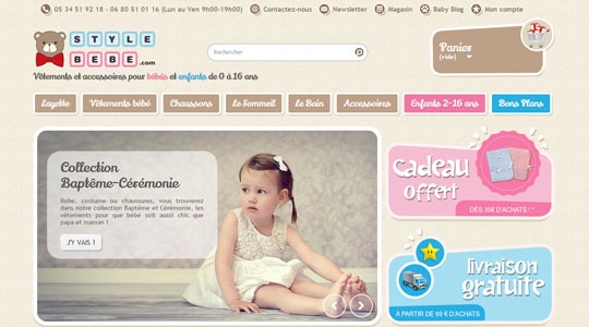 Page d’accueil du site Une boutique de vêtements de bébé et accessoires de puériculture, avec Style bébé