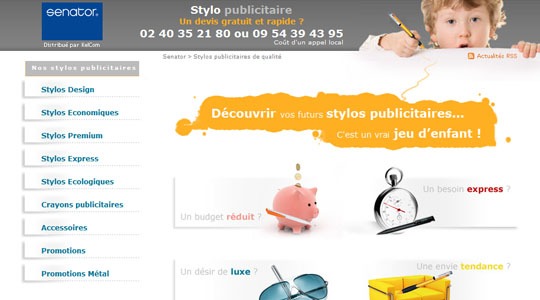 Page d’accueil du site Stylos publicitaires