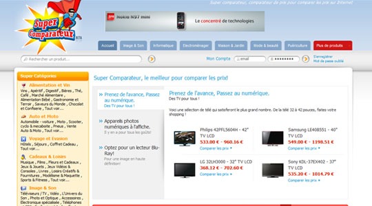 Page d’accueil du site Super comparateur, un super héros qui fait dépenser moins
