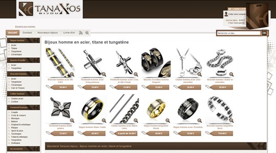 Page d’accueil du site Tanaxos bijoux, une boutique en ligne de bijoux pour hommes