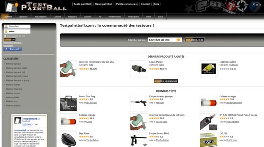 Page d’accueil du site Testpaintball.com : La communauté des testeurs !