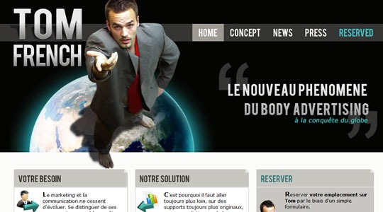 Page d’accueil du site TOM FRENCH : Le Body Advertising à la conquête du globe…