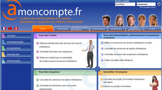Page d’accueil du site Amoncompte.fr, place de marché pour la transmission d’entreprises