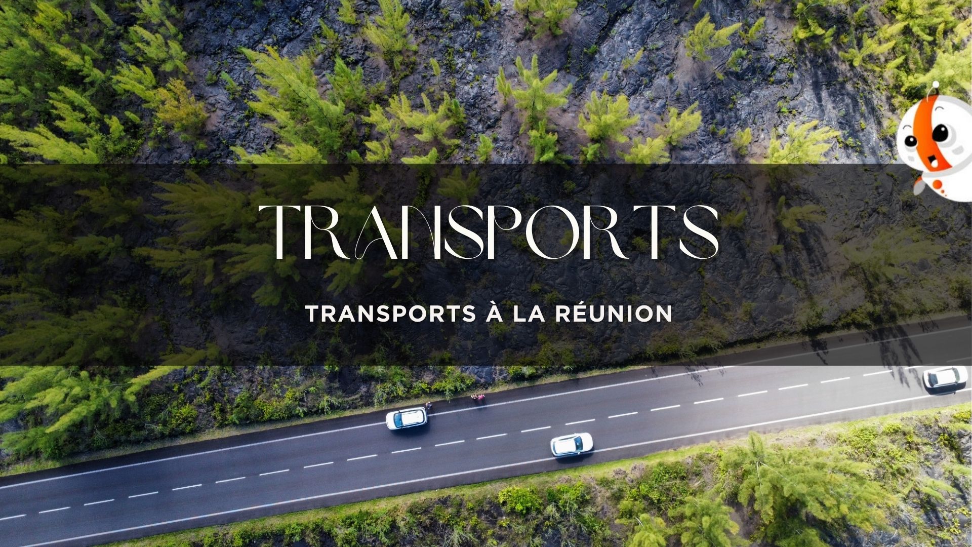 "Transport à La Réunion" avec fond de route sinueuse de La Réunion, vue sur les paysages montagneux