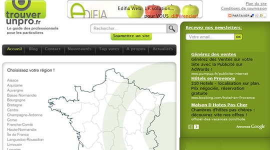 Page d’accueil du site Annuaire régionnal Trouverunpro