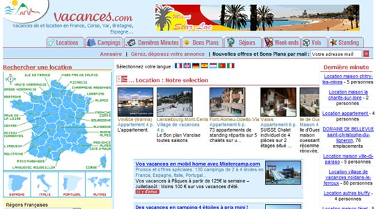 Page d’accueil du site Vacances, des annonces de particuliers et de professionnels pour partir en toute saison