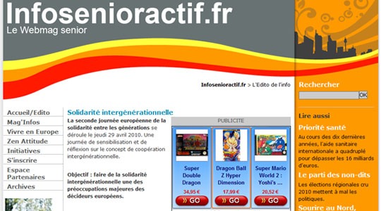 Page d’accueil du site Infosenioractif.fr, le Webmag senior