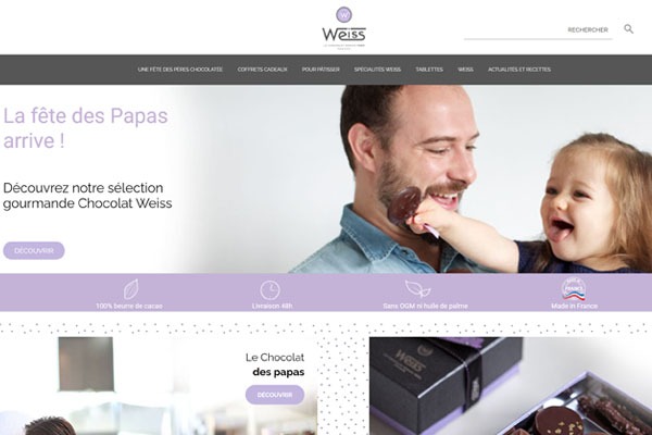 Page d’accueil du site CHOCOLAT WEISS : la Promesse d’un chocolat 100% naturel et sans conservateurs