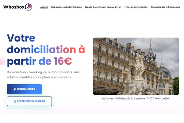 Page d’accueil du site Whosbox : domiciliation d’entreprise simple et rapide à Montpellier