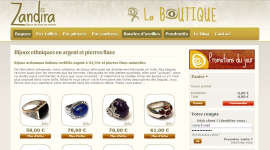 Page d’accueil du site Boutique de vente de bijoux argent : Zandira