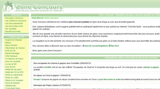 Page d’accueil du site Zone Concours, le meilleur des jeux concours gratuits en ligne