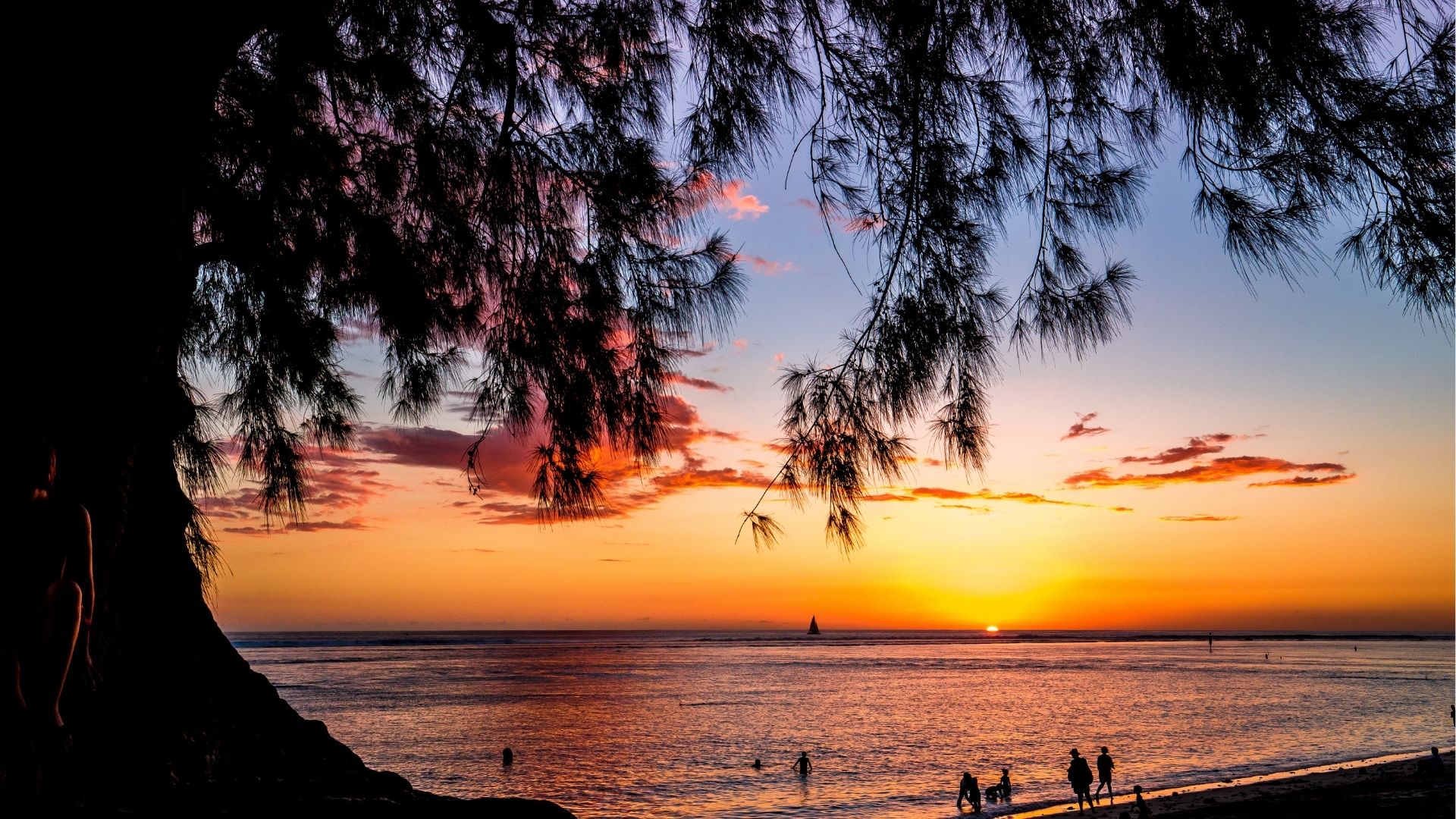 coucher de soleil à Saint-Gilles-les-Bains avec des silhouettes sur la plage et des filaos au premier plan à La Réunion