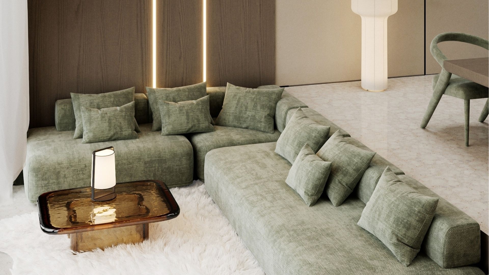 salon moderne avec fauteuil vert à La Réunion, décoré avec des touches élégantes et colorées